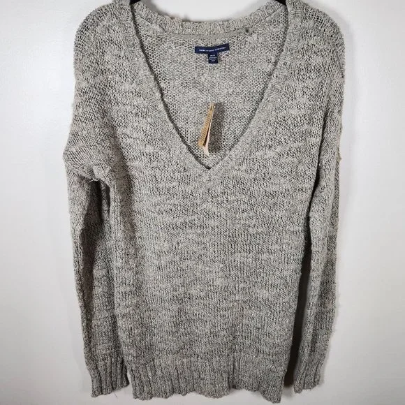 American Eagle Tunic Sweater Womens Beige Deep V Neck Knit Cottagecore Y2K New - Picture 9 of 15